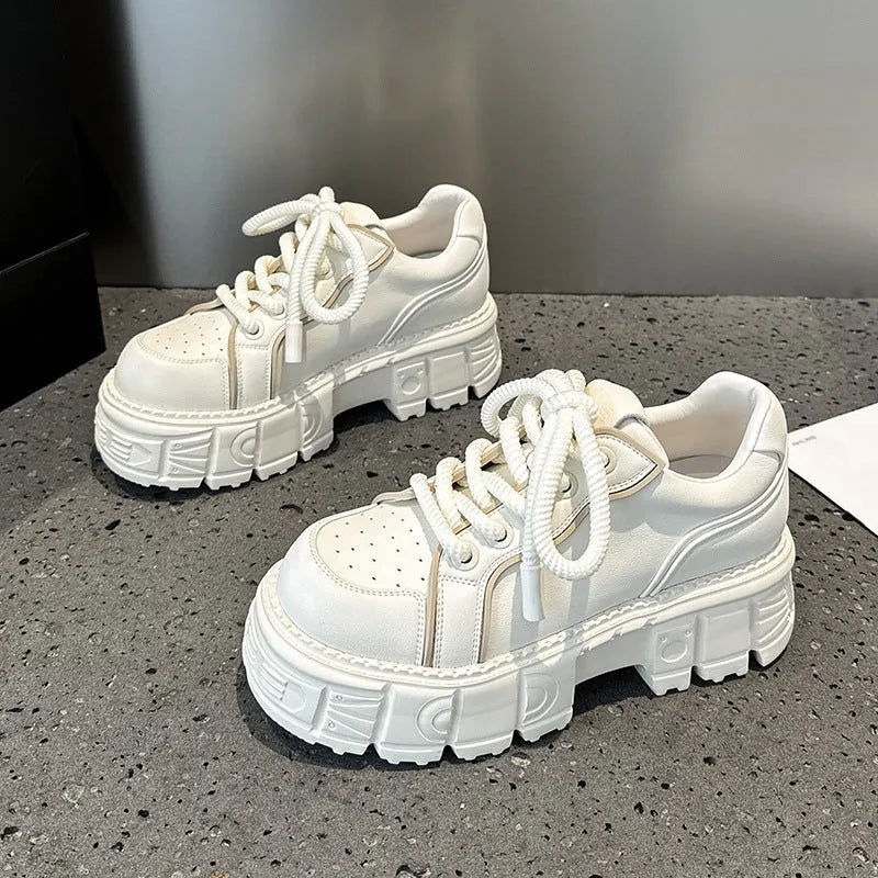 Women's beige leather casual shoes with a 3cm high spring muffin rubber foam sole.