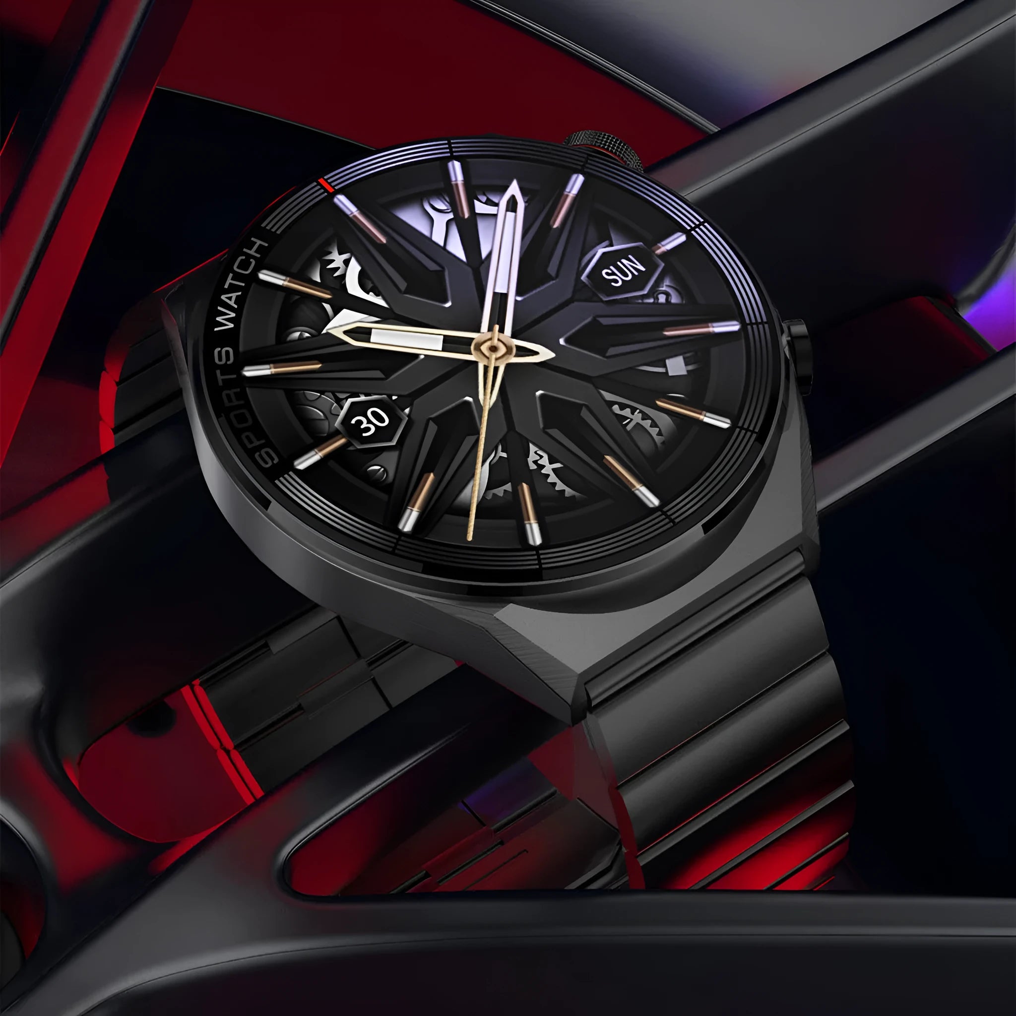 Large screen Bluetooth smart watch with call functionality shown in black case with interchangeable strap options