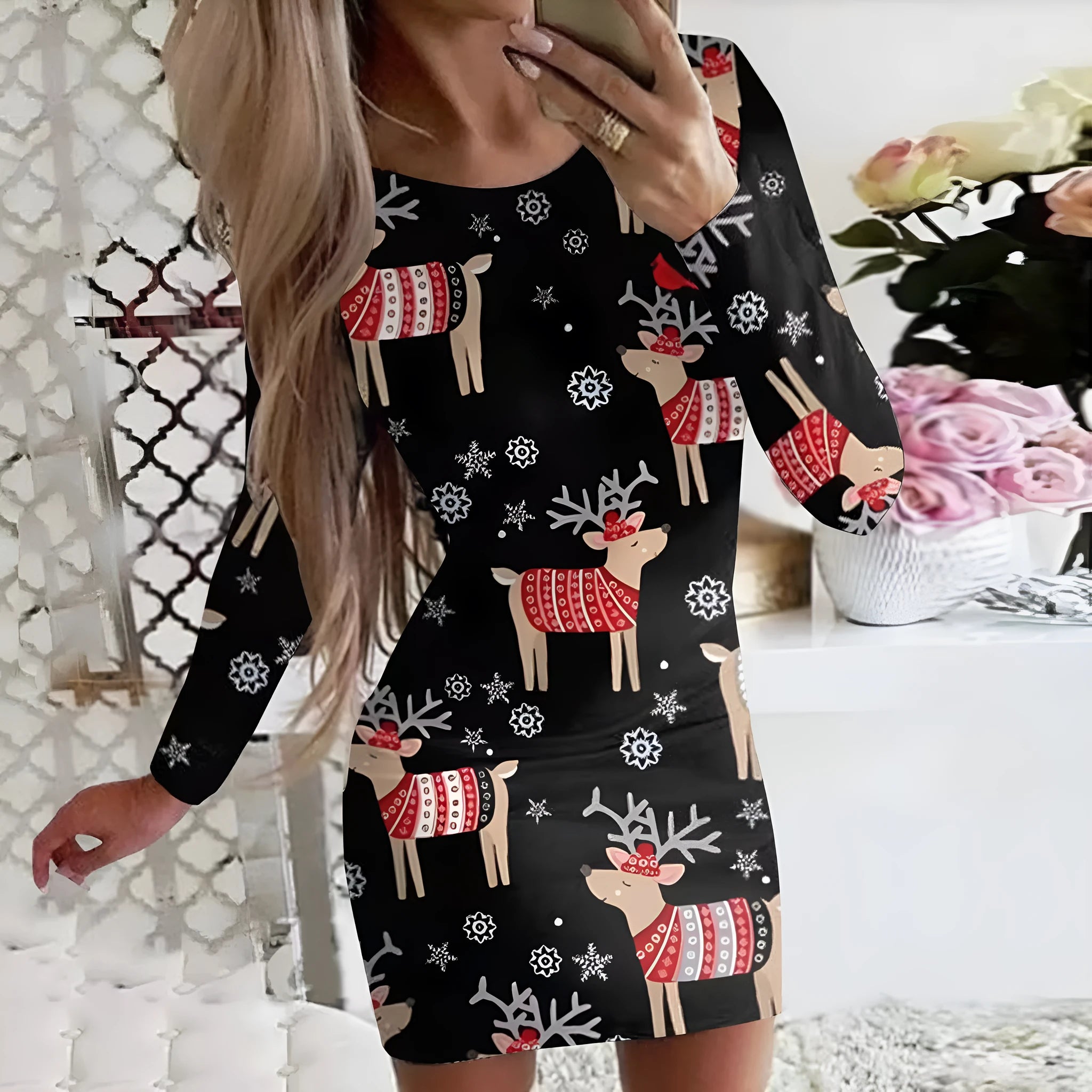Christmas printed narrow dress with animal pattern design and round neckline
