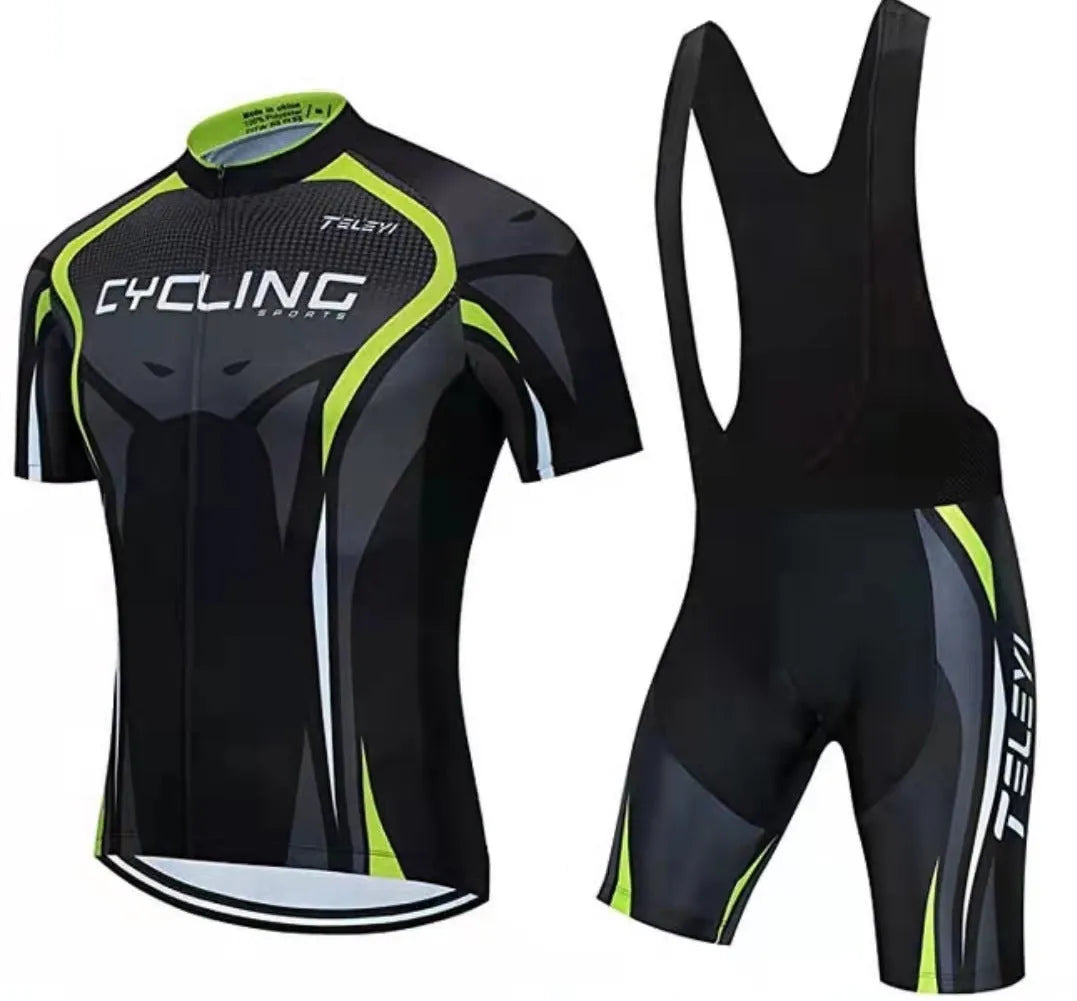 Men's and women's blue cycling jersey and matching pants set for summer road and mountain biking.