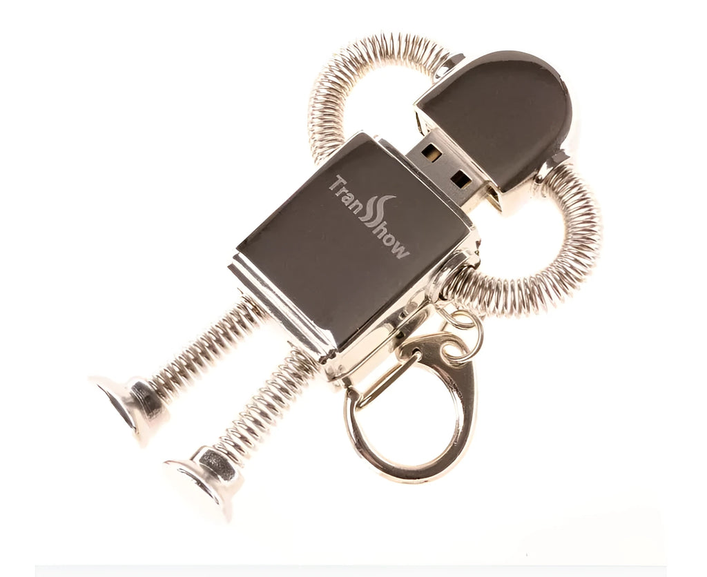 Metal robot U disk in zinc alloy with spring design, available in gold and silver colours