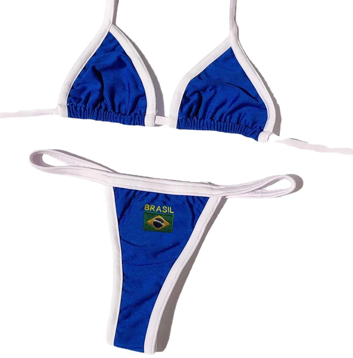 Women's yellow polyester bikini set showing T-back bra top and short-length bottoms on a mannequin.