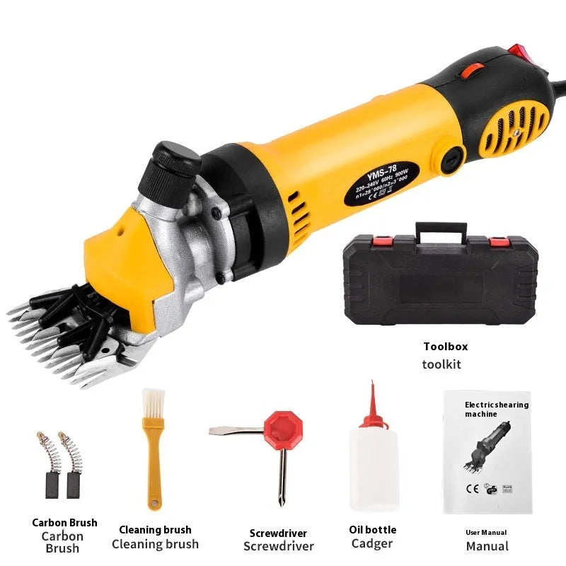 Yellow electric wool shearing machine with 13-tooth blade, maintenance tools, and plastic storage box