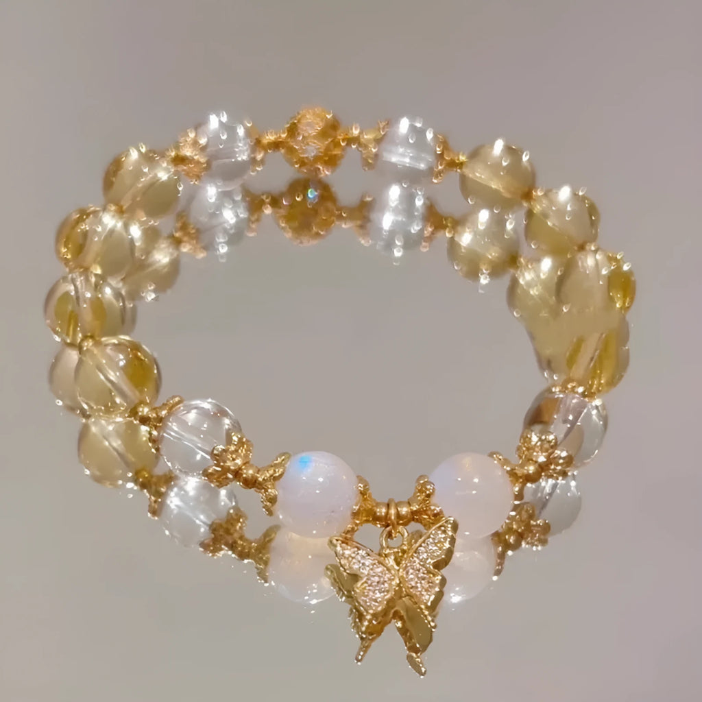 Chinese-style women's crystal bracelet with citrine butterfly and moonstone white beads