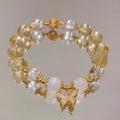 Chinese-style women's crystal bracelet with citrine butterfly and moonstone white beads