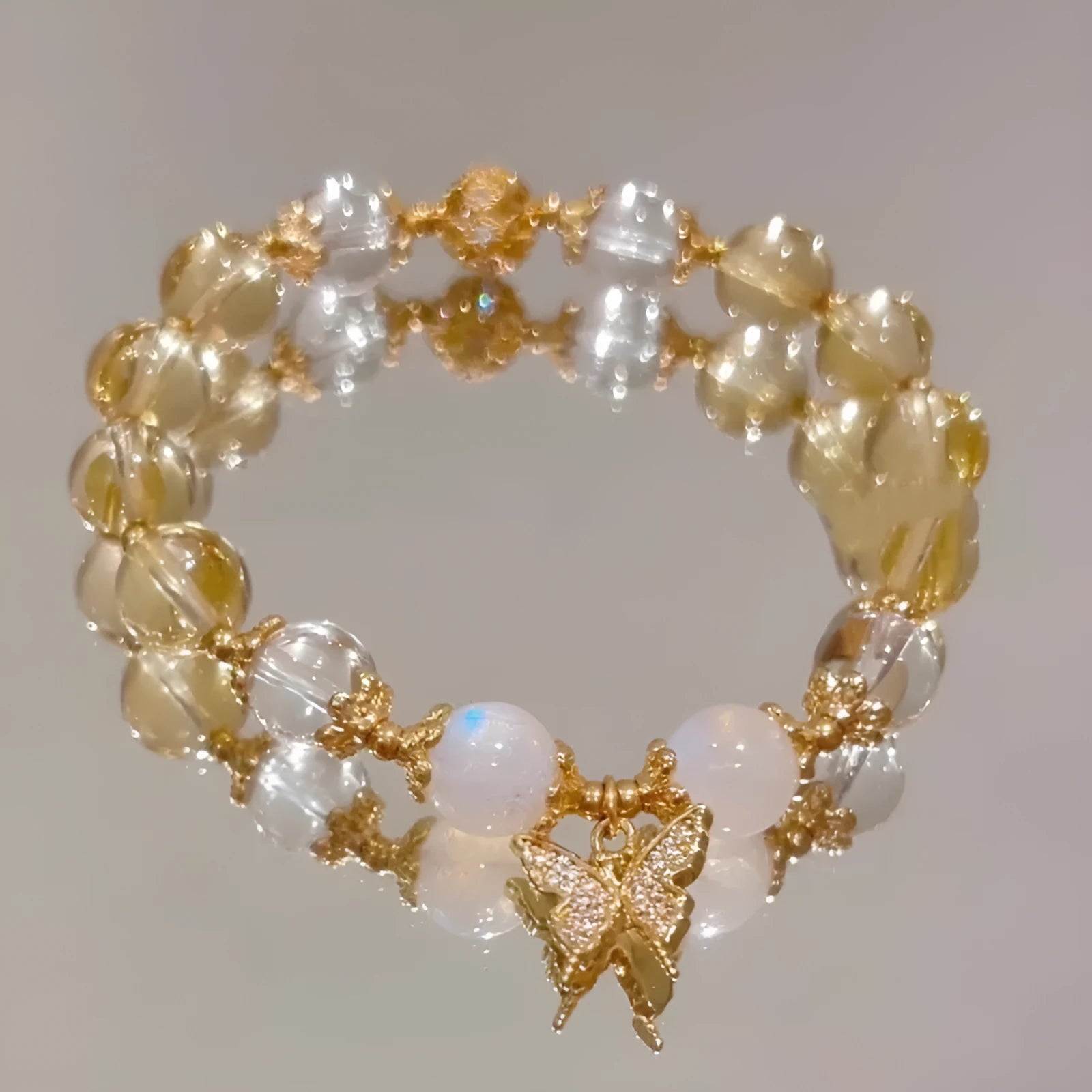 Chinese-style women's crystal bracelet with citrine butterfly and moonstone white beads