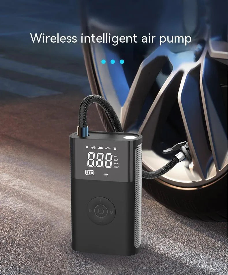 Wireless digital display car tyre pump with accessories including bicycle nozzle and ball needle