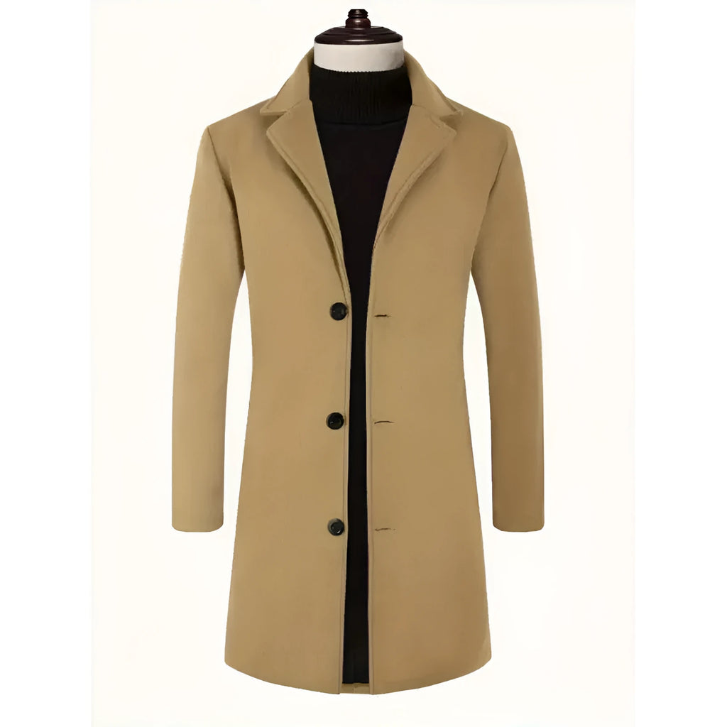Men's loose fit solid colour trench coat in khaki, mid-length polyester outerwear with side seam pockets