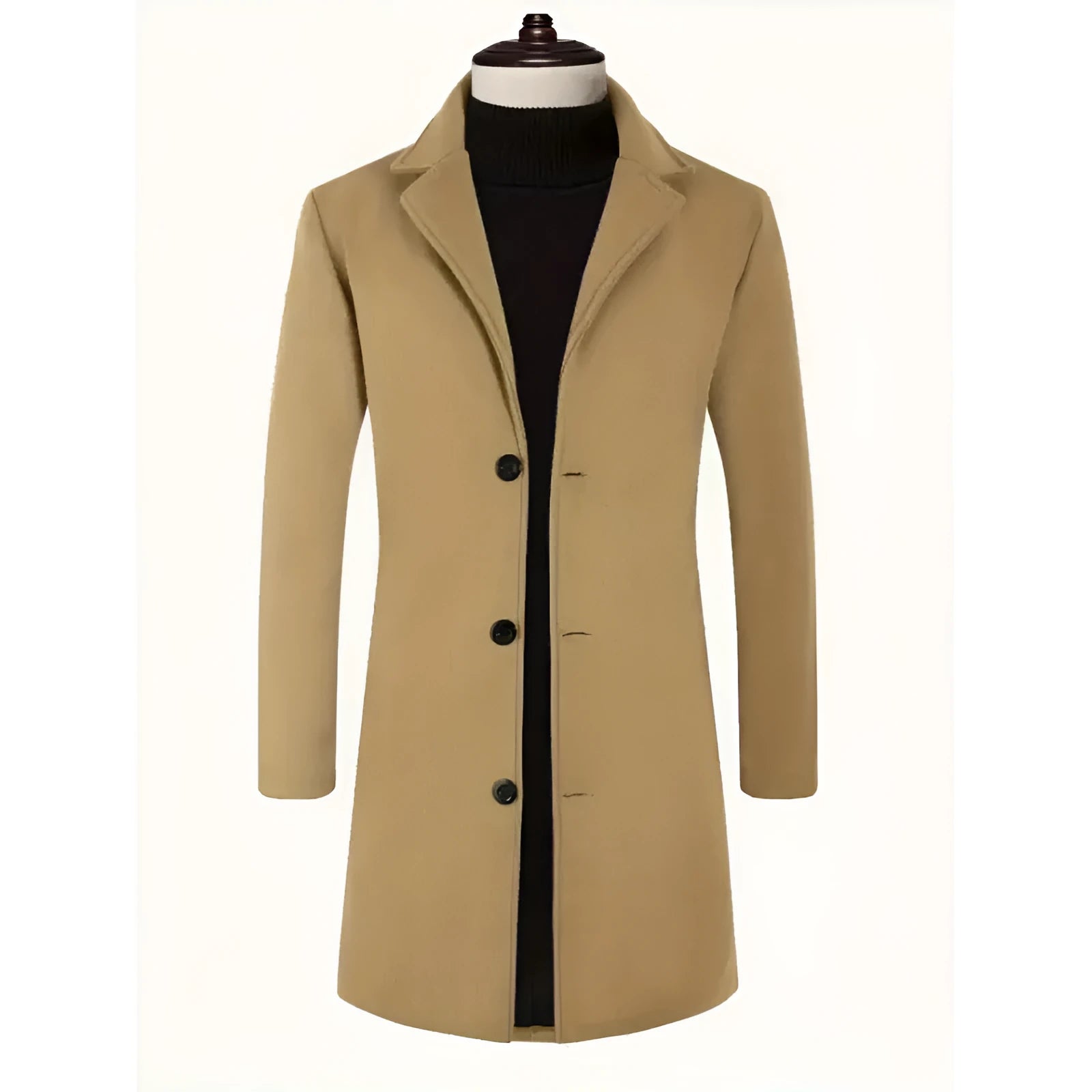 Men's loose fit solid colour trench coat in khaki, mid-length polyester outerwear with side seam pockets