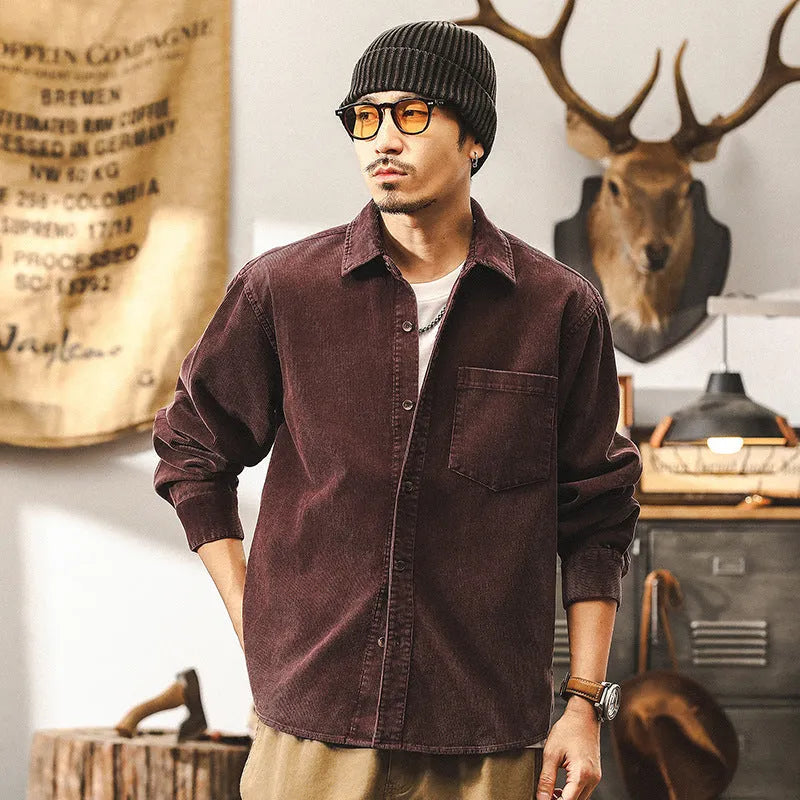 Men's retro corduroy casual jacket in red and black colours with loose fit design
