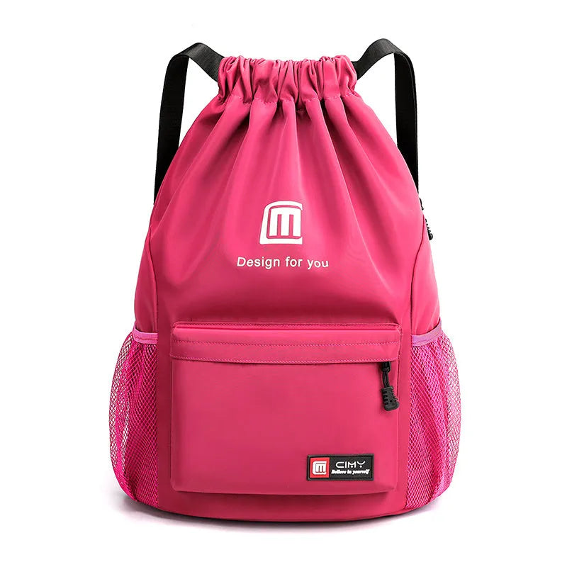 Oxford drawstring backpack in bucket shape with pull-cord closure and water-repellent fabric