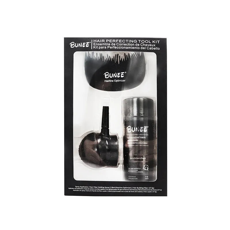 Hair fibre powder three-piece set showing powder container, spray applicator, and sealing spray in box