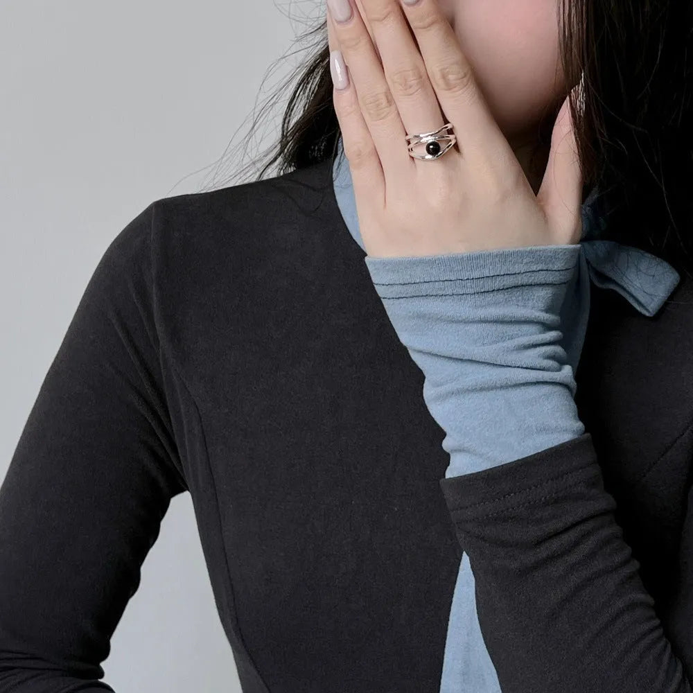 S925 sterling silver ring for women with black agate inlay geometric hollow design adjustable opening