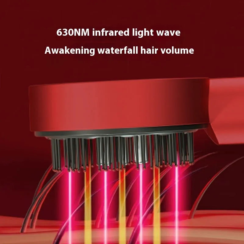 Black or red household massage hair comb with red and blue lights, showing Type-C charging port and plastic body