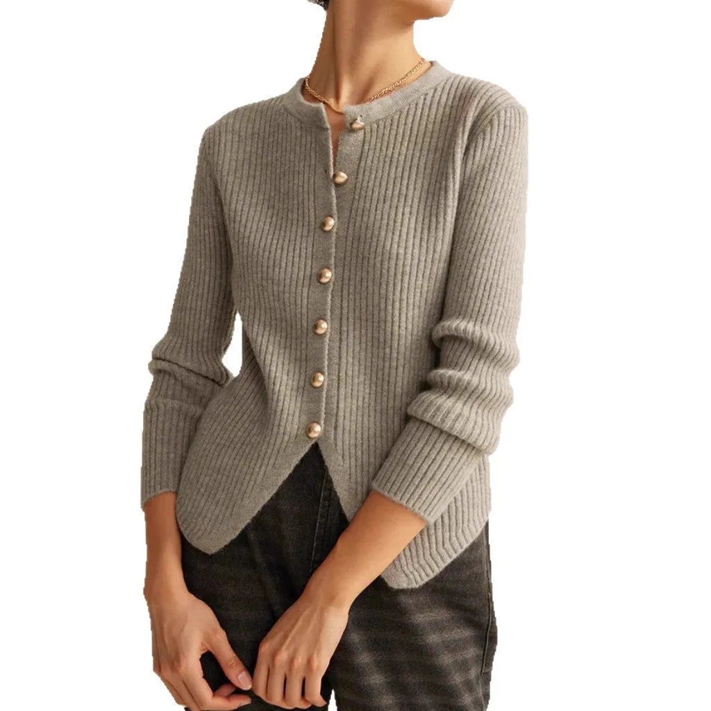 Silver yuan collar loose fit cardigan sweater on a hanger, Japanese Korean casual style.