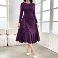 Purple women's long sleeve round neck dress with mid waist and ruffle detailing