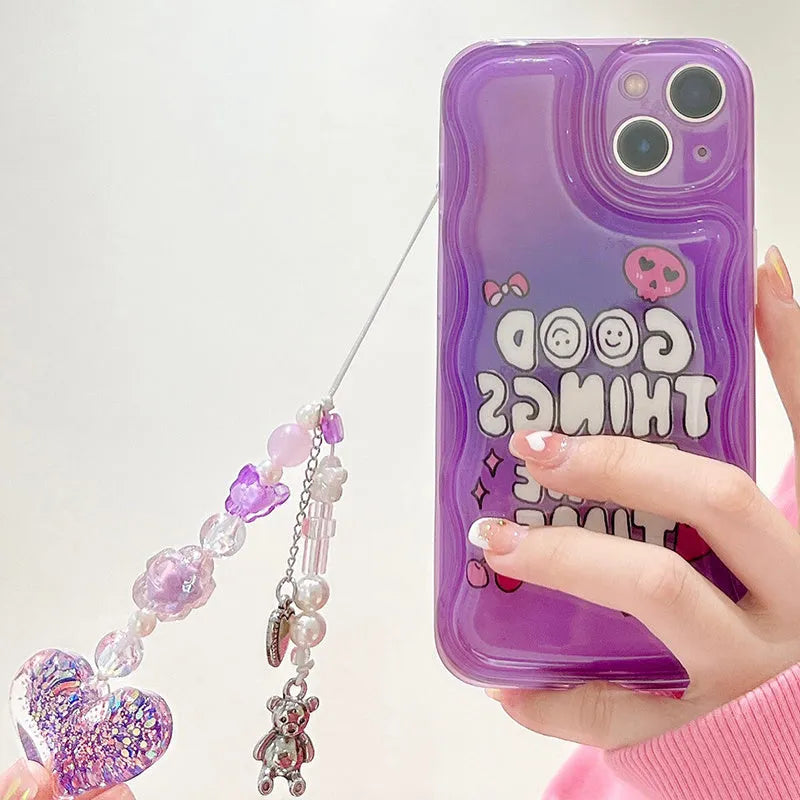 Purple graffiti and love pendant design iPhone case with a metal carrying chain attached.