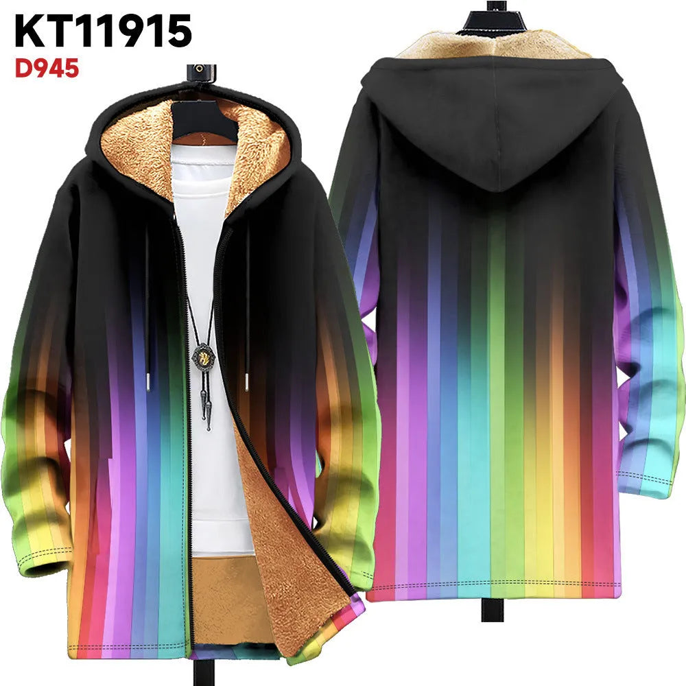 Man wearing a multicolour digitally printed hooded cardigan with a front zipper in a loose fit.