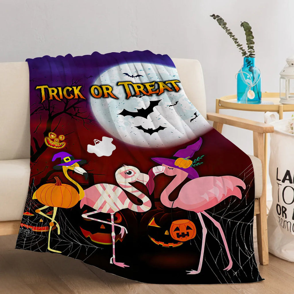 Purple flannel velvet blanket with Halloween flamingo print, hemmed edges, available in 75x100cm and 130x150cm