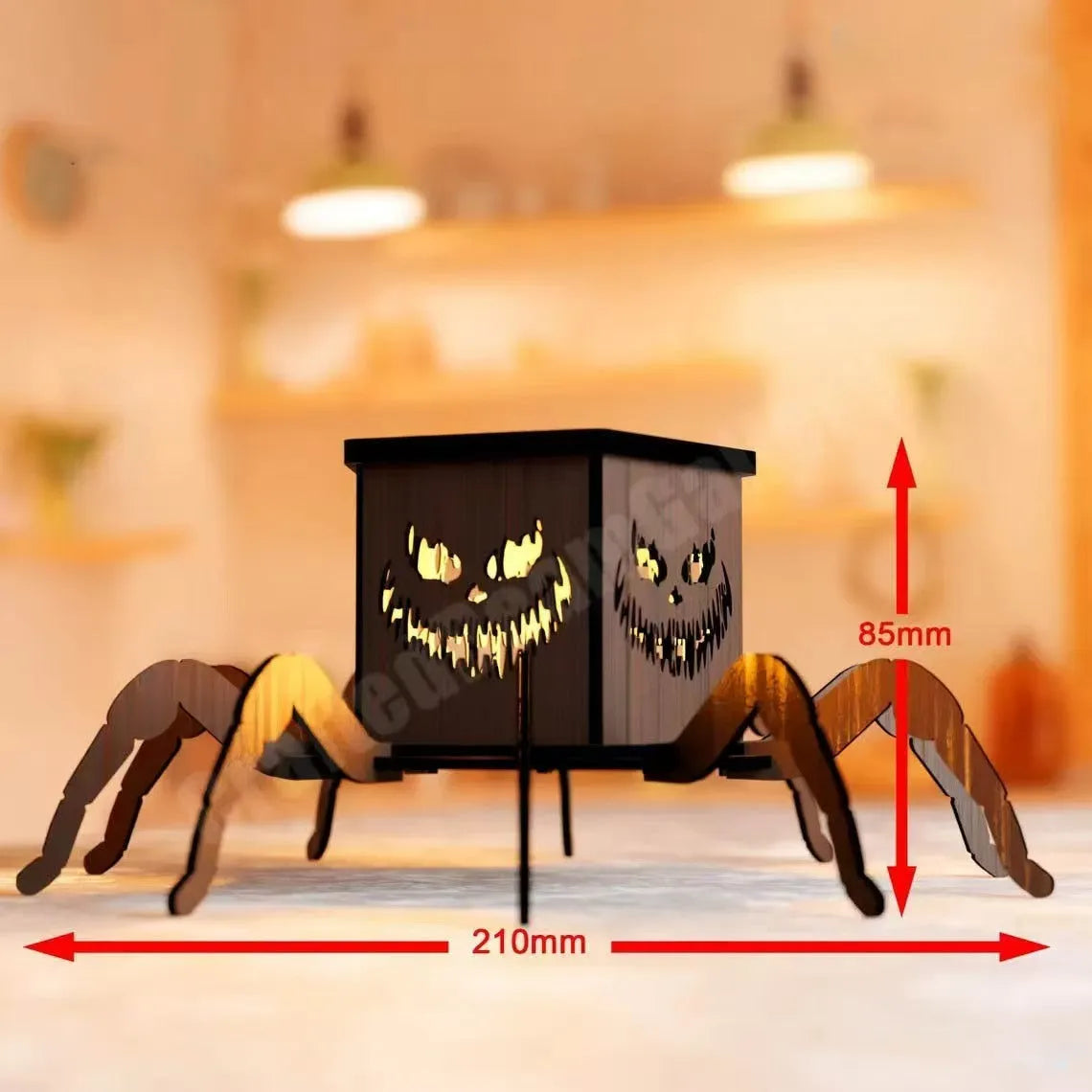 Wooden Halloween spider mini lantern candlestick with spider design measuring 21cm tall