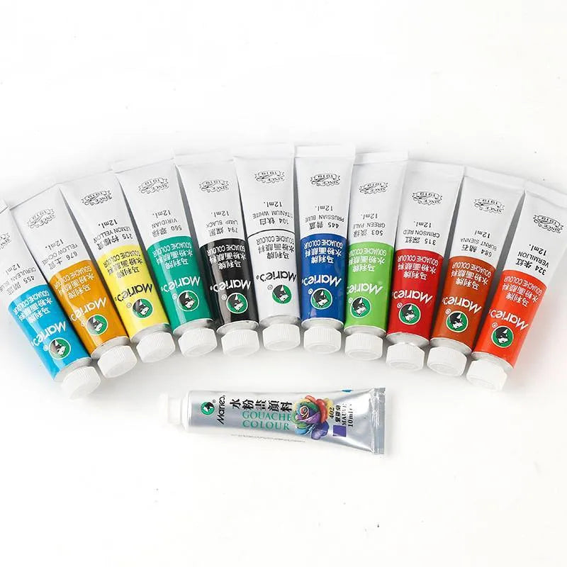 Boxed set of gouache paint tubes in 12, 18, or 24 assorted colours for artists.