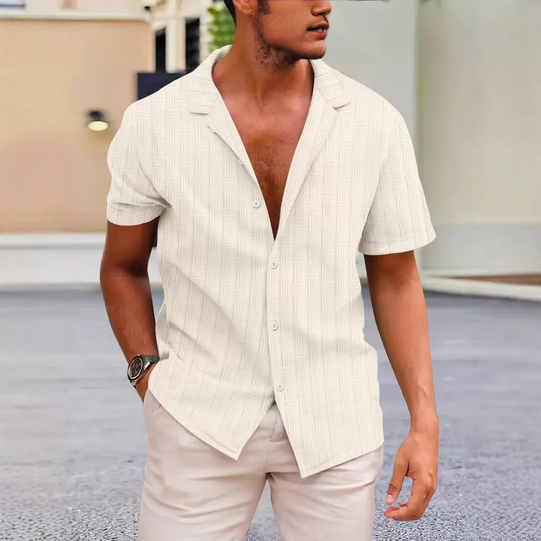 Men's apricot corduroy short sleeve button-up shirt with a British cardigan style on a hanger.