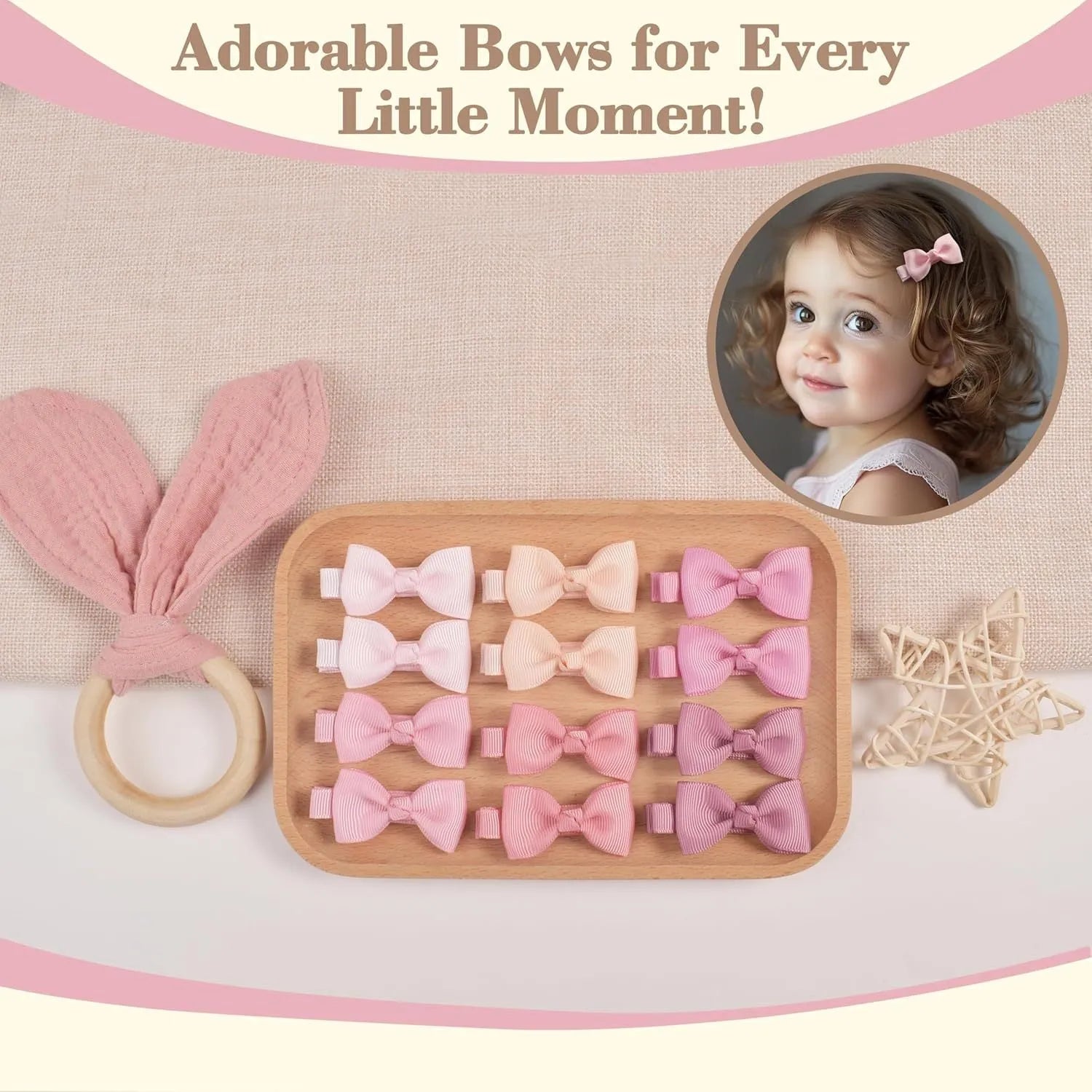 Assortment of pastel-coloured baby hair clips including barrettes and bows on a white background.