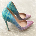 Pink-blue gradient patent leather women's heels with pointed toe and high heel.