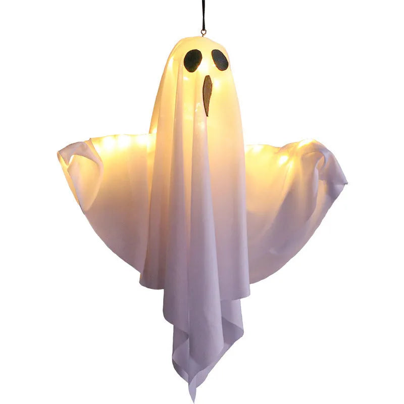 Luminous white ghost Halloween light with cloth construction and button electronics