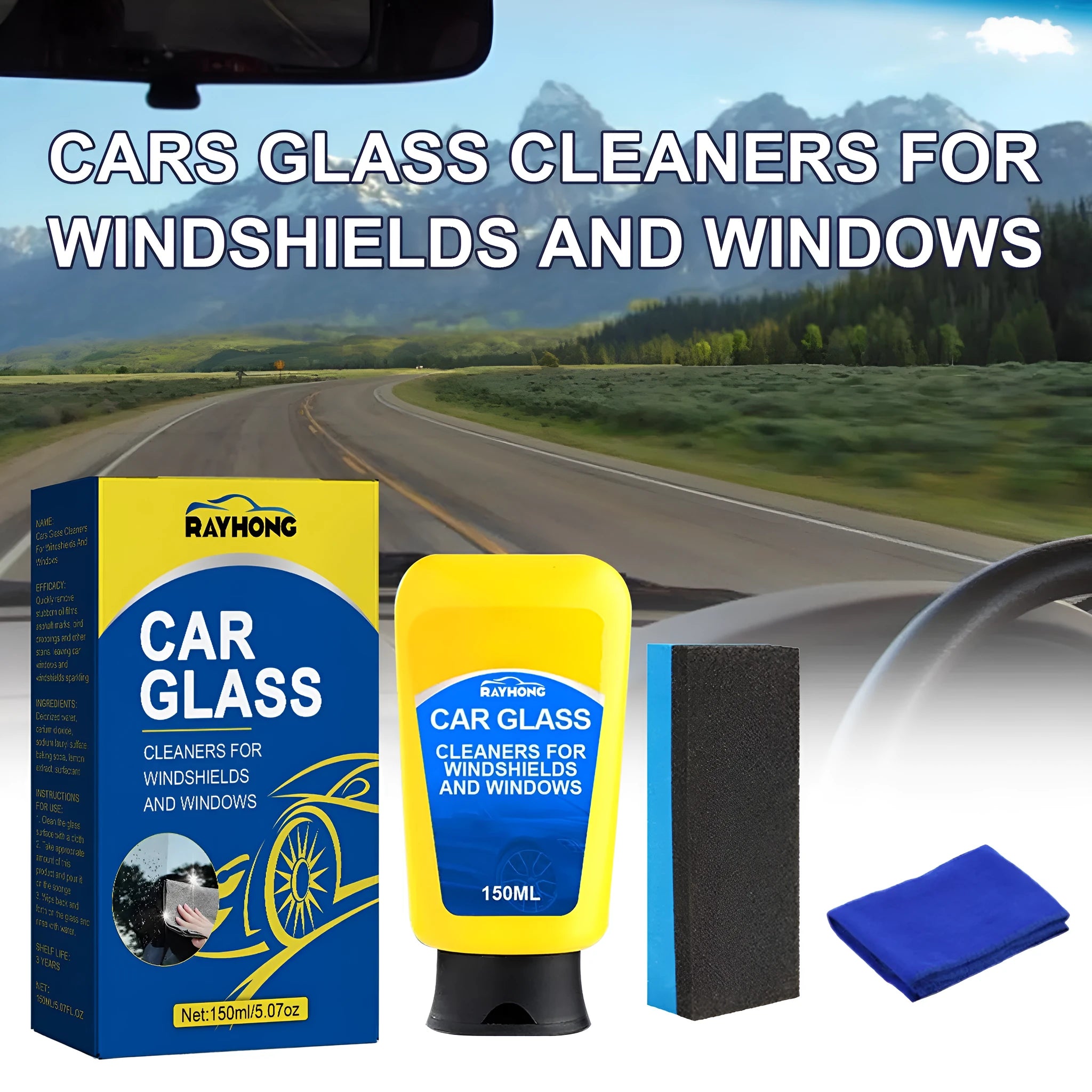 150ml car windshield detergent defogging spray bottle with sponge and microfibre cloth for cleaning automotive glass.
