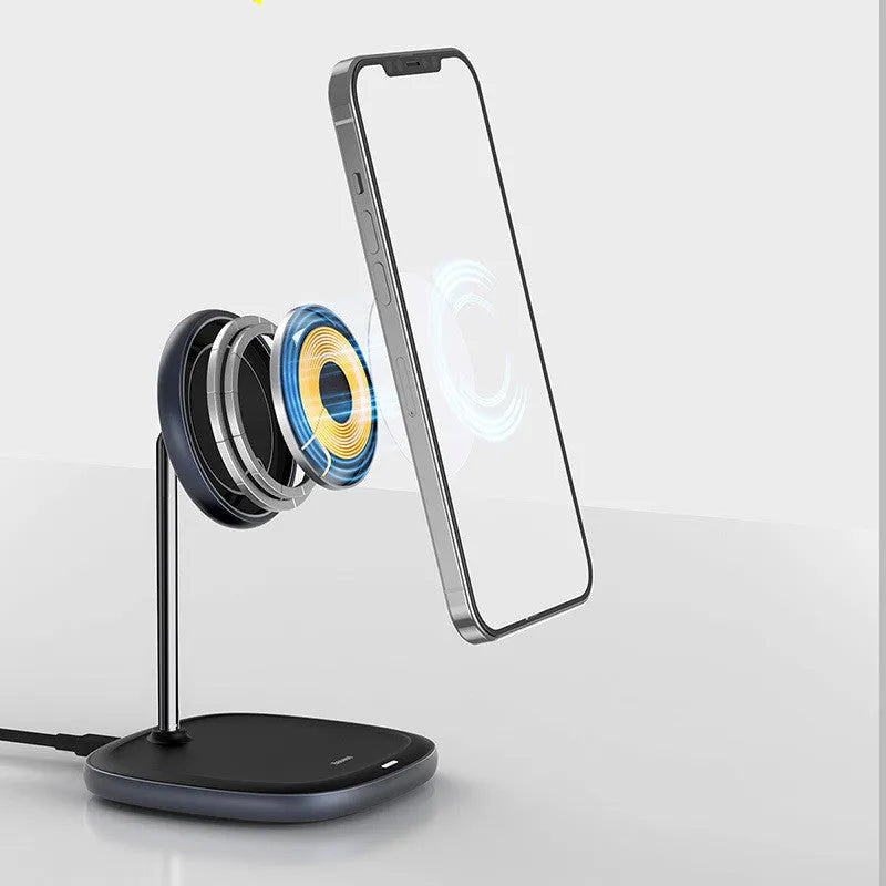 Swan Magnetic Desktop Stand Wireless Charger for iPhone 12 in black on a desk.