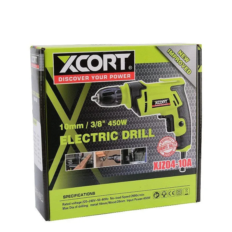 450 watt pistol-grip electric drill on a workbench, showing its compact size and keyless chuck.