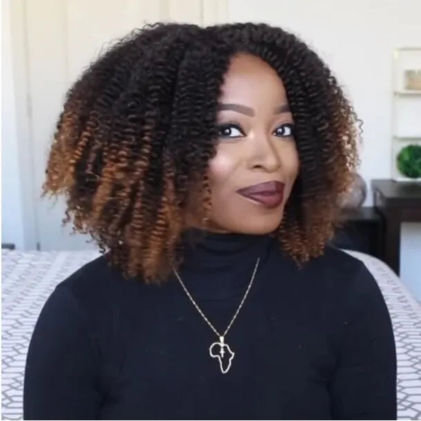 Short curly explosion wig for women with long bang in black to brown gradient colour