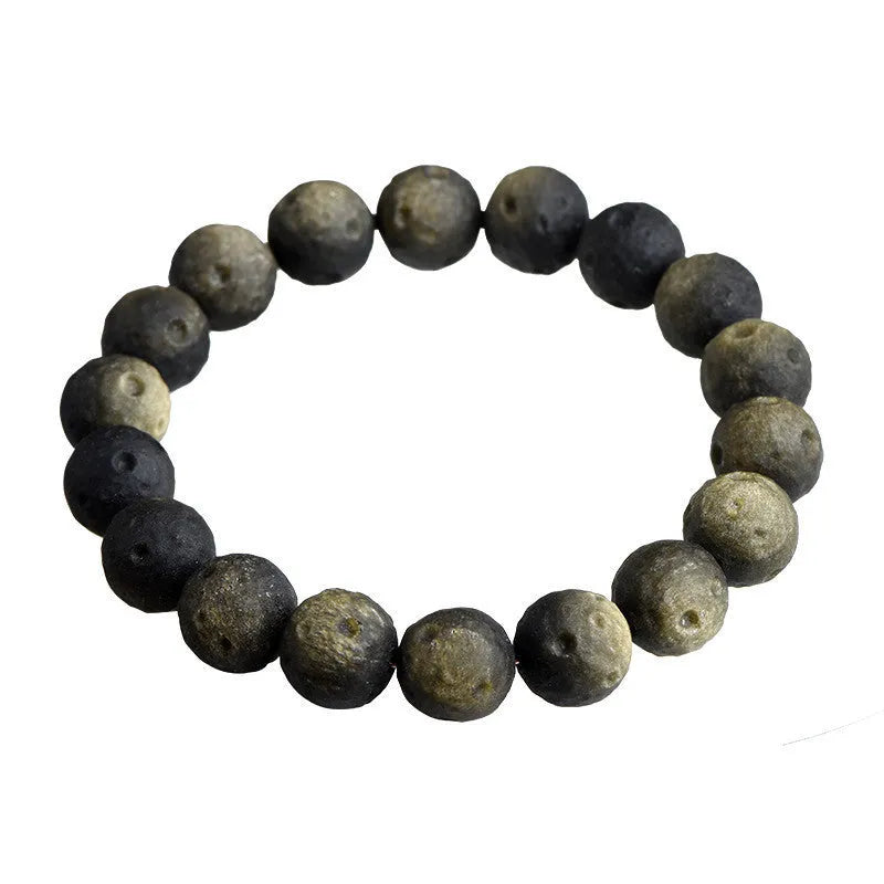 Natural obsidian crater ball bracelet with meteorite texture in silver stone and gold obsidian colour variations