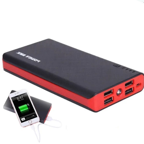 Blue 20000mAh portable power bank with USB port, shown next to a mobile phone for scale.