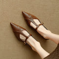 Women's brown pointed toe flat shoes with cowhide leather uppers and 3-5cm mid heel