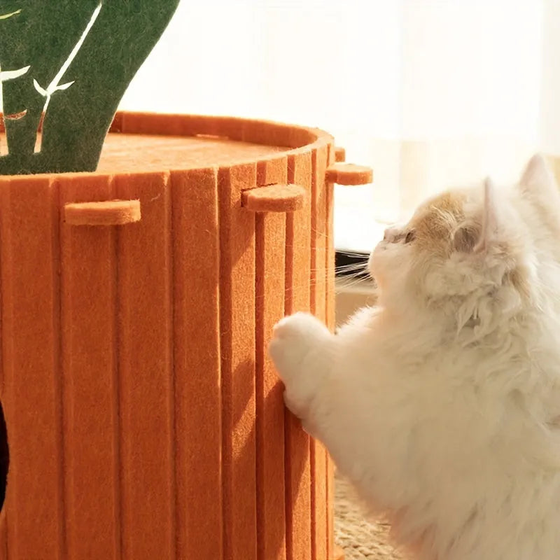 Soft felt cat tunnel bed in semi-enclosed design showing interior space