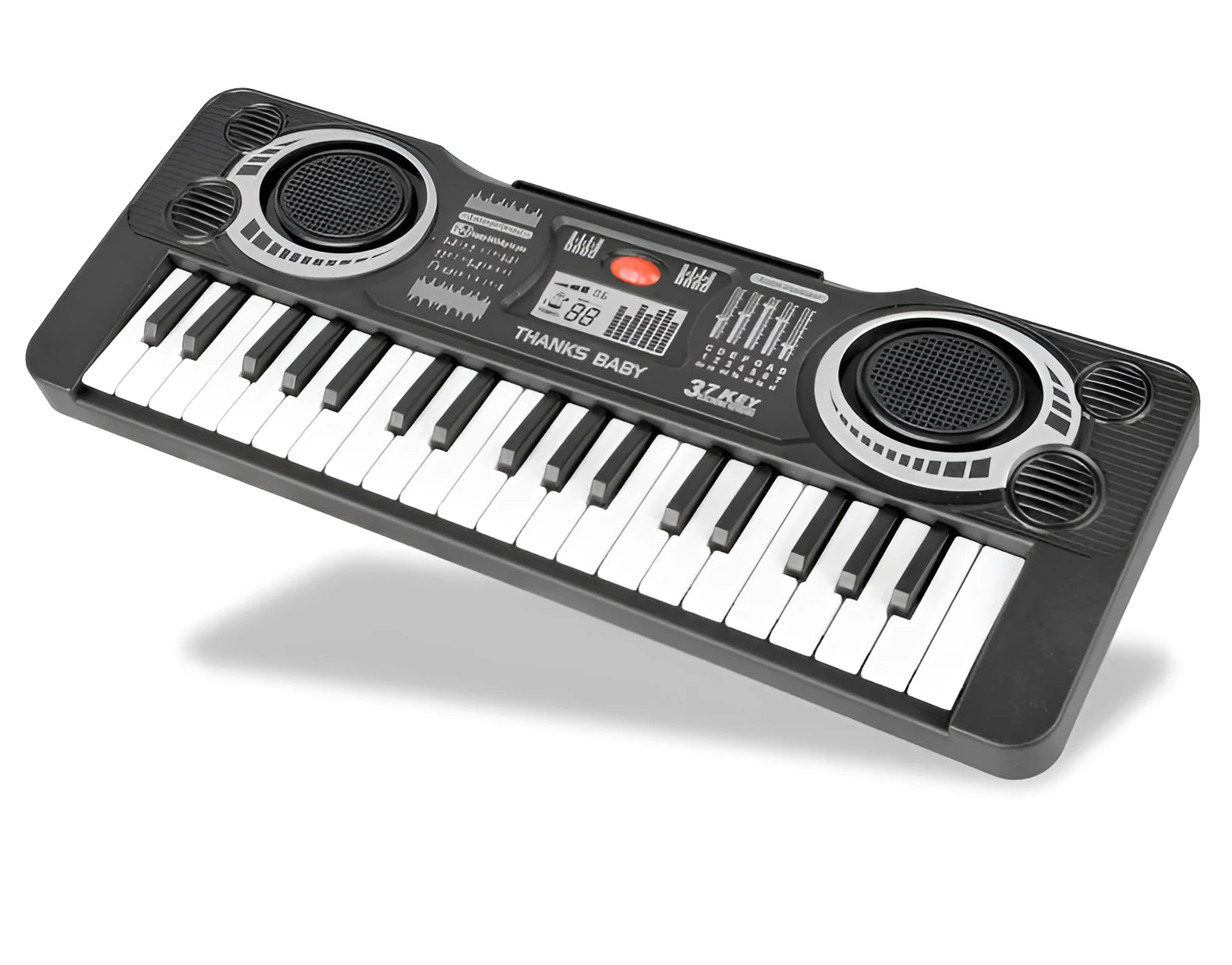 Children's 37-key electronic organ toy in black plastic on a table