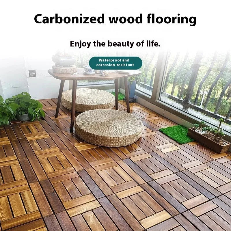 Square camphor pine wood flooring tile in a modern style for balcony or indoor use.