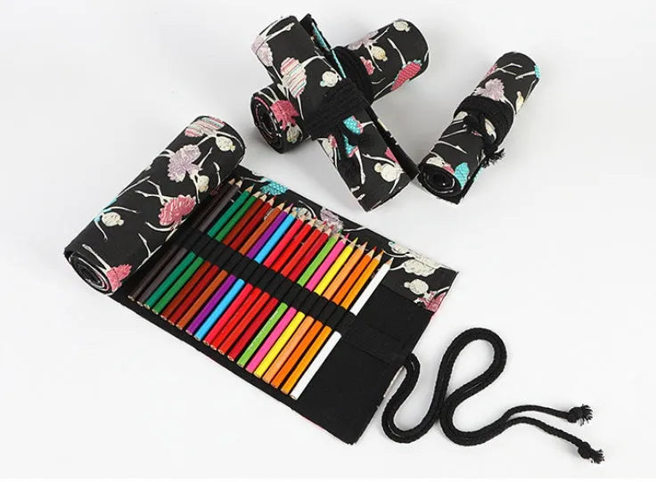 Canvas rolling pencil case with ballet girl print showing multiple pencil holes
