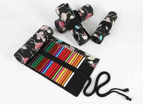 Canvas rolling pencil case with ballet girl print showing multiple pencil holes