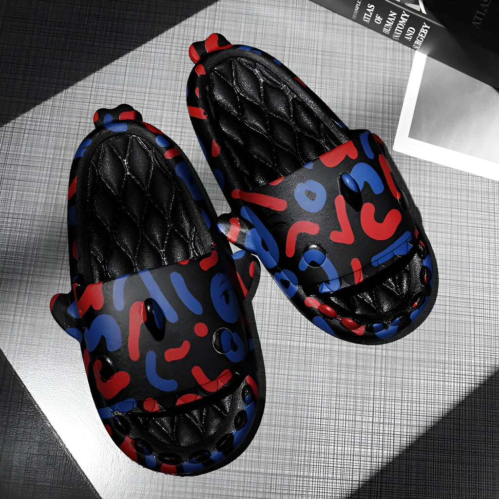 Shark-themed couple open toe slippers in beige EVA material on a white background.