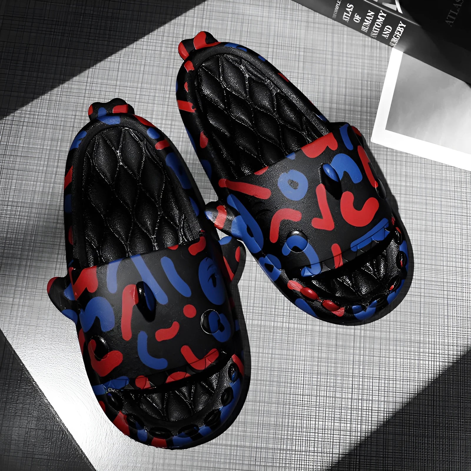 Shark-themed couple open toe slippers in beige EVA material on a white background.