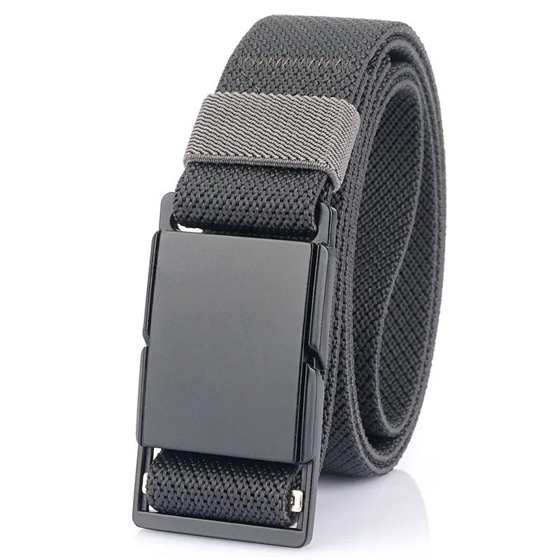Metal magnetic buckle casual belt in polyester fibre, shown in one of five colours.