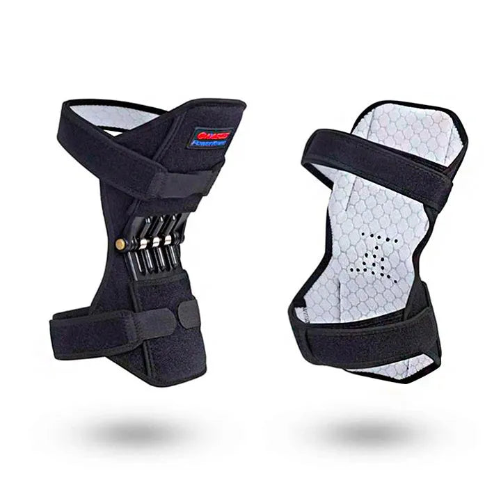 Adjustable spring knee brace support for mountaineering and sports, shown in black with breathable fabric.