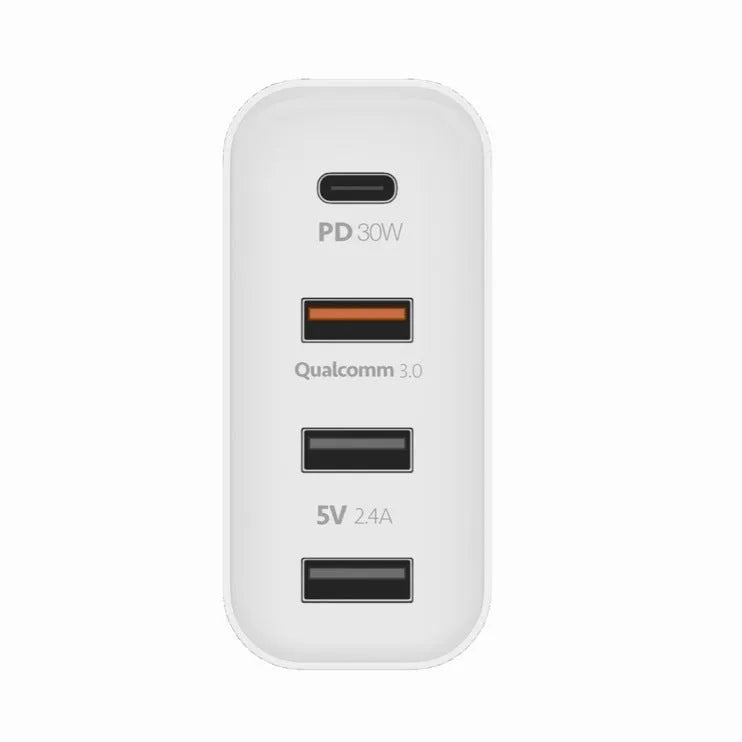 Black 48W four-port USB-C wall charger with UK plug on a white background.