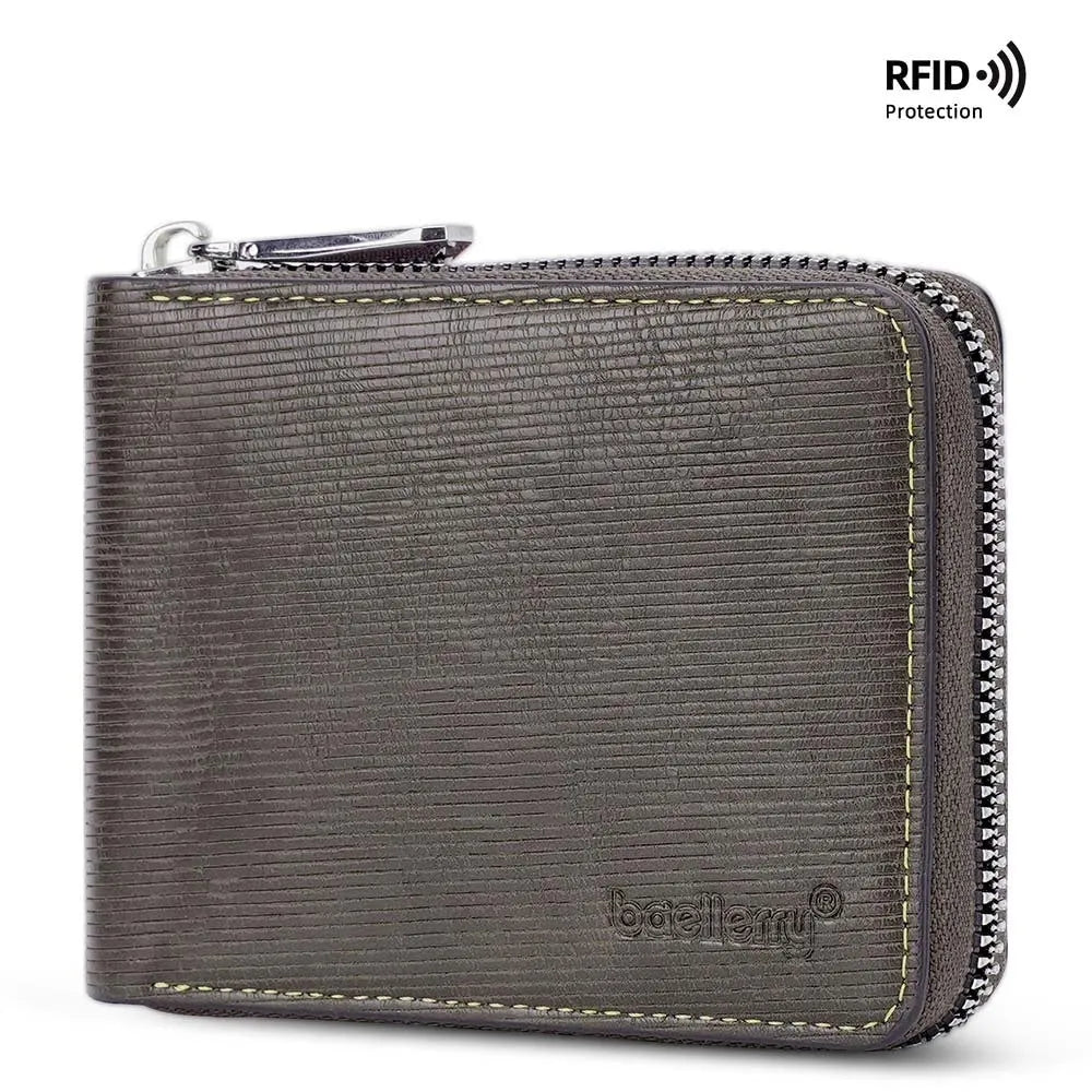 Leather anti-theft credit card zipper wallet with embossed design in black and brown colour options