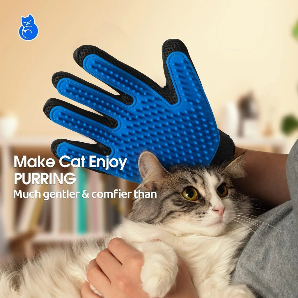 Blue pet grooming glove with silicone tips for removing hair from dogs and cats.
