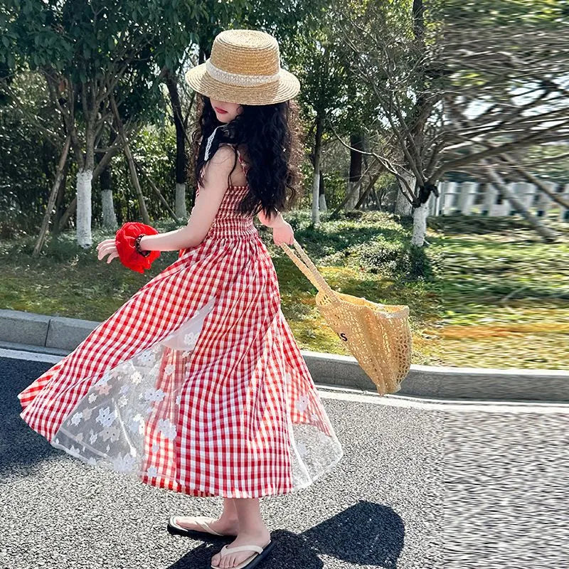 Girls red plaid non-slip princess dress with lace stitching, polyester fibre, available in 120cm to 170cm height options