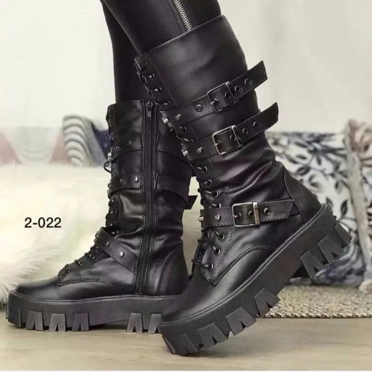 Women's black mid-calf buckle knight boots with side zipper on a white background.